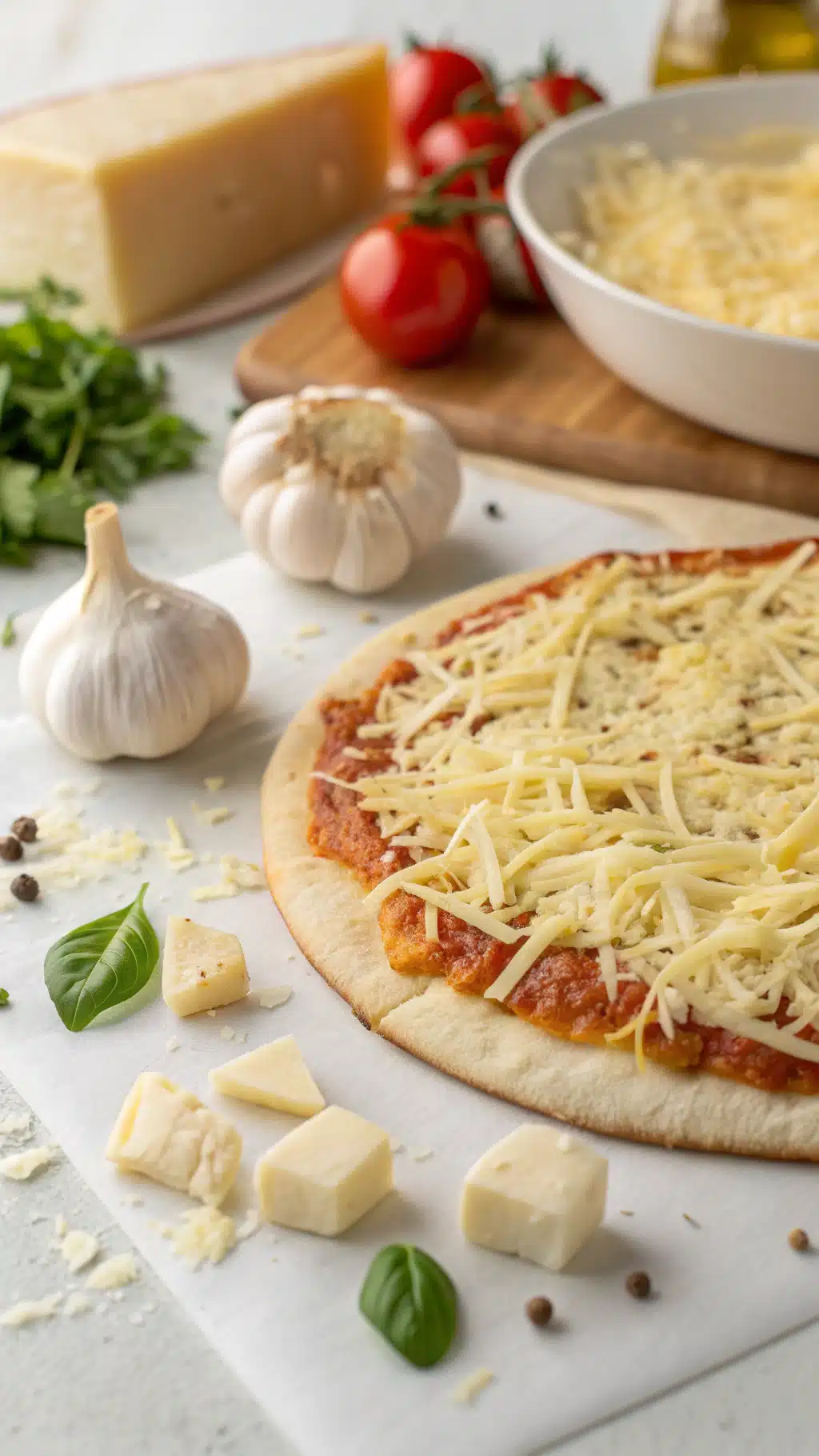 High protein cheesy garlic pizza ingredients preparation