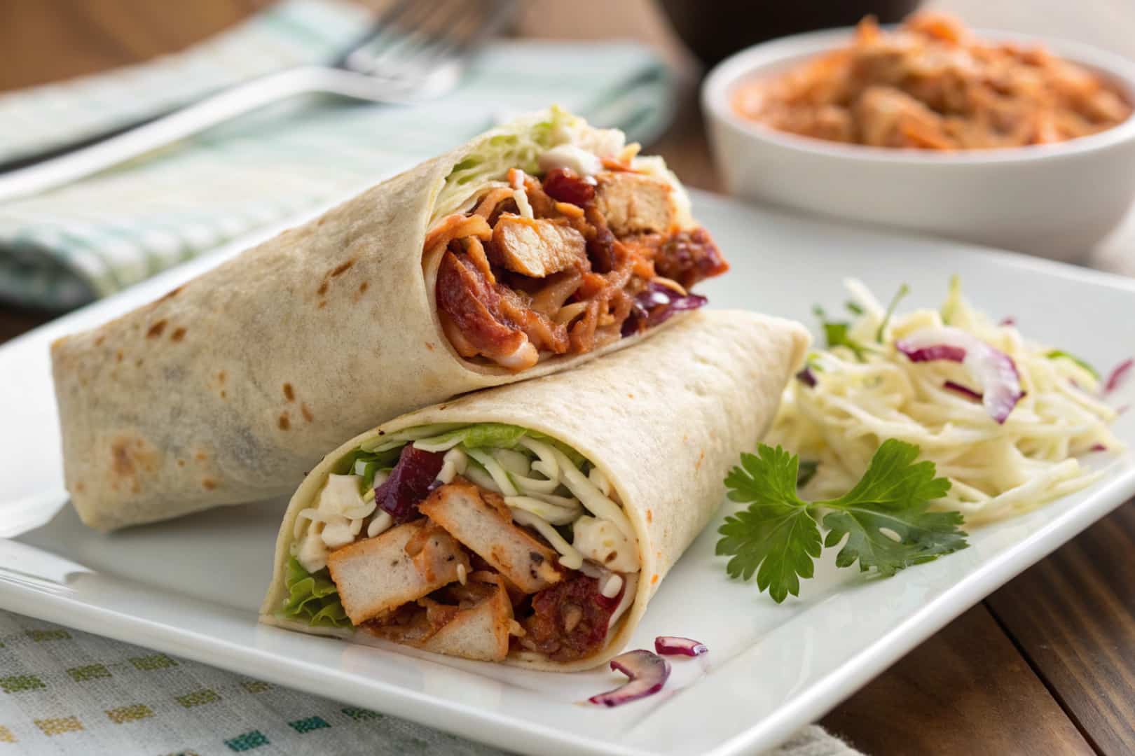 BBQ chicken coleslaw wraps featured dish plated