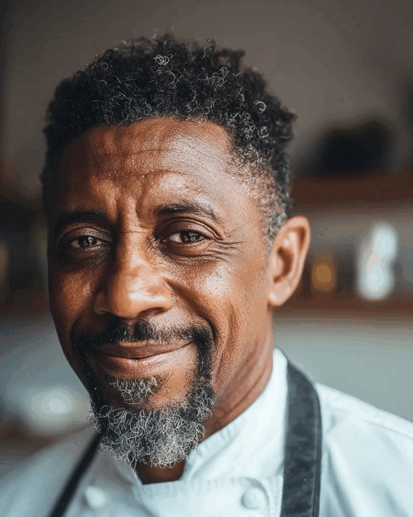 Portrait of Bernard Johnson, founder and chef creator at Rebecca Tasty, smiling in a professional kitchen
