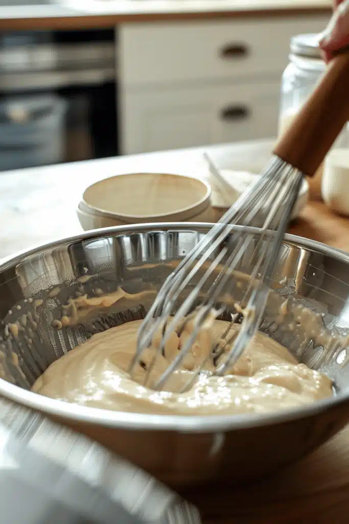 Mixing batter gently for easy homemade pancakes