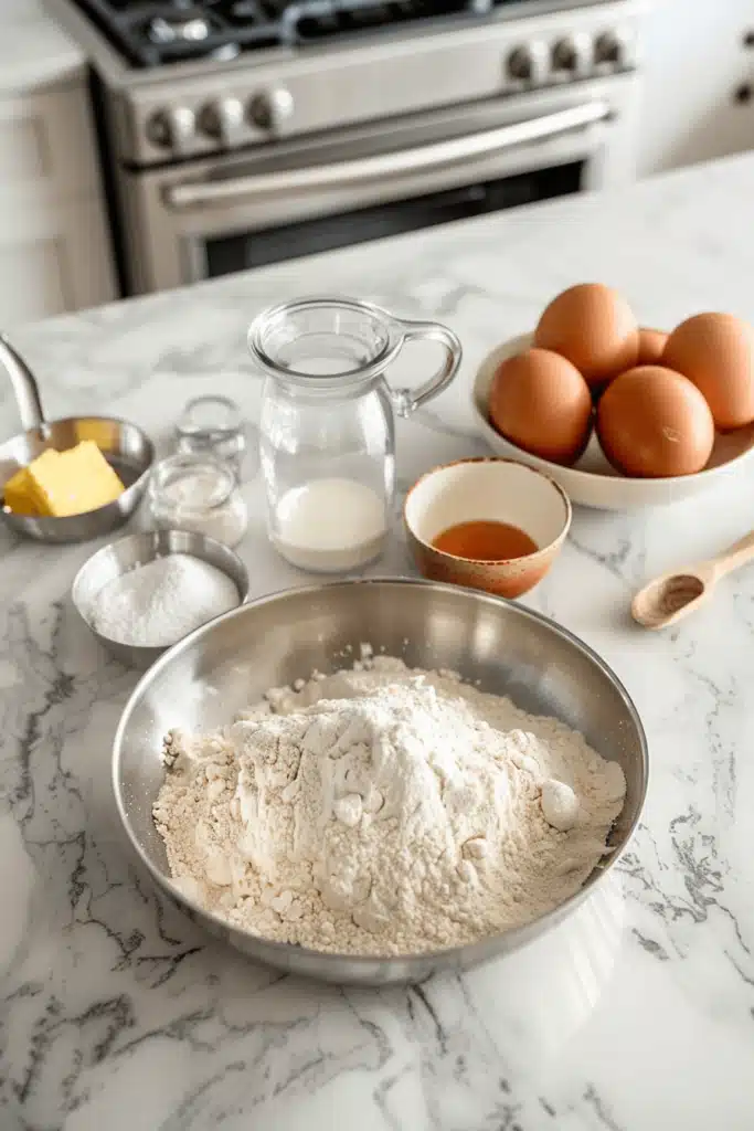 Measured ingredients prepared for easy homemade pancakes