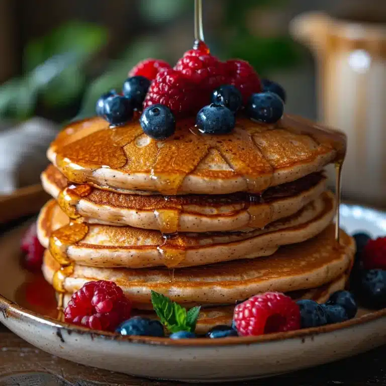 Fluffy gluten free almond flour pancakes topped with berries and maple syrup
