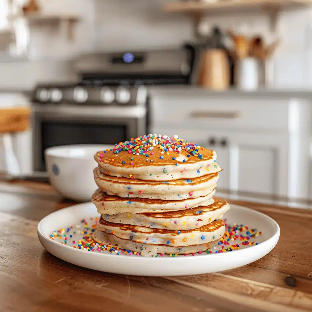 funfetti cake batter pancakes stacked on plate