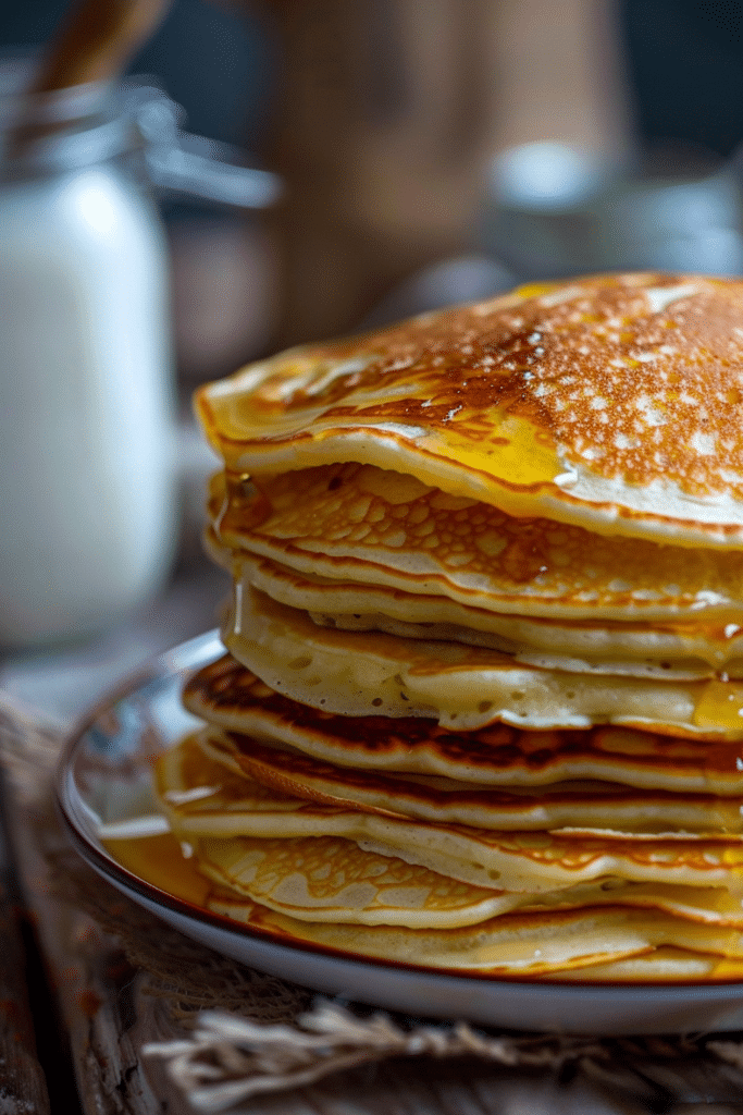 Fluffy homemade pancakes made from pancake mix prepared from scratch with maple syrup