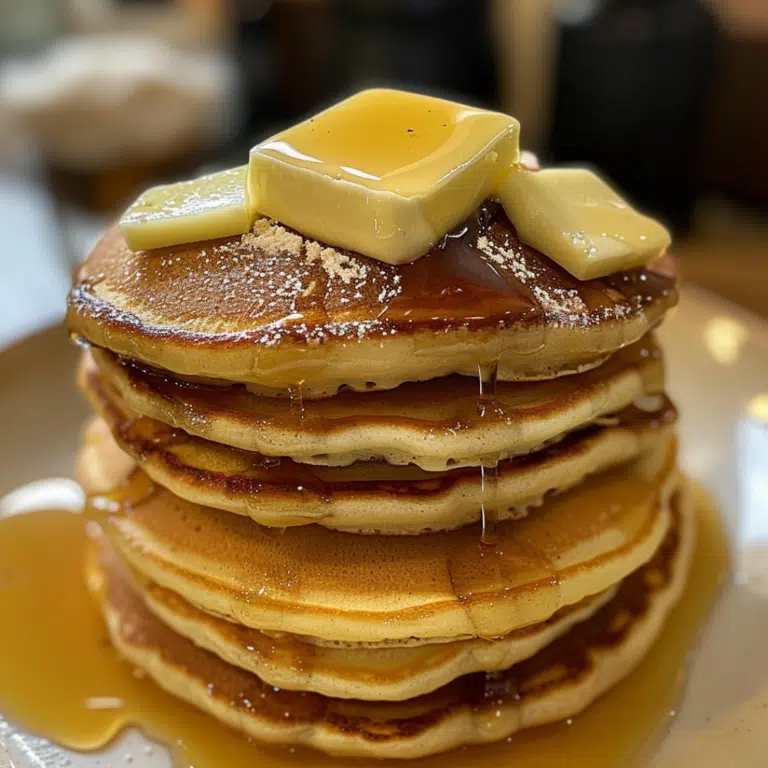 Fluffy homemade pancakes stacked with butter and maple syrup made from pancake mix from scratch