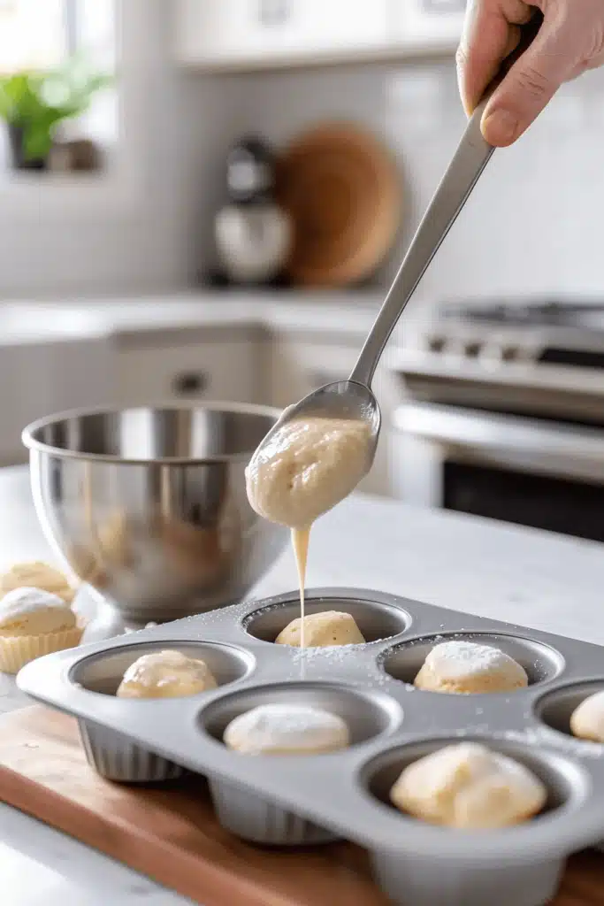 spooning classic pancake batter into mini muffin pan