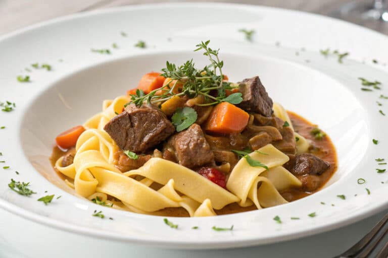 crockpot beef and noodles featured dish plated