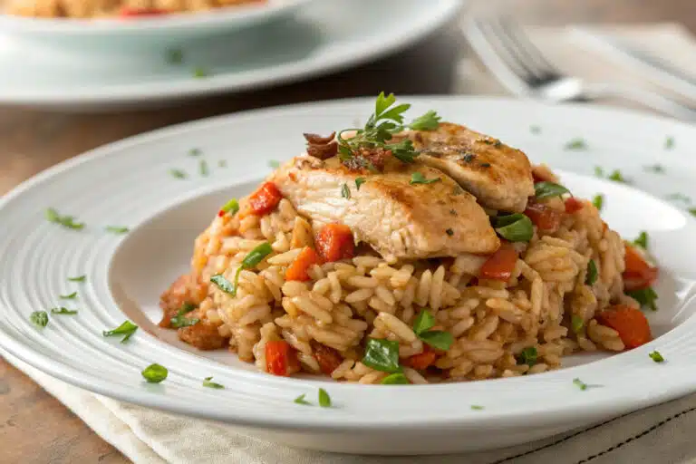 crockpot chicken and rice featured dish plated