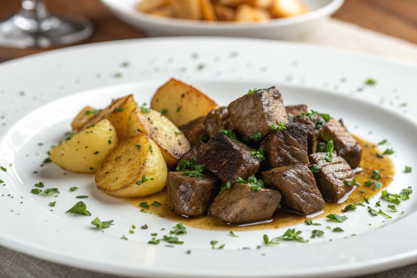 quick garlic steak bites with potatoes featured dish plated