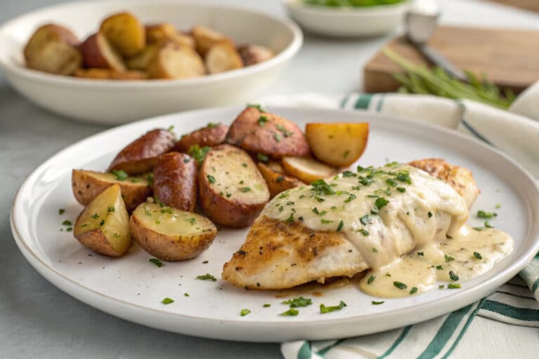 Garlic Parmesan Chicken and Potatoes (One-Pan Dinner) featured dish plated