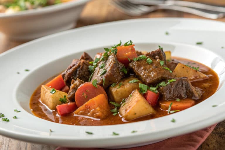 crockpot beef stew featured dish plated