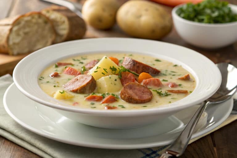 crockpot potato sausage soup featured dish plated