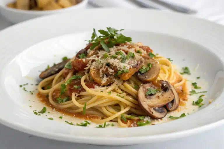 Mushroom and Garlic Spaghetti Dinner featured dish plated