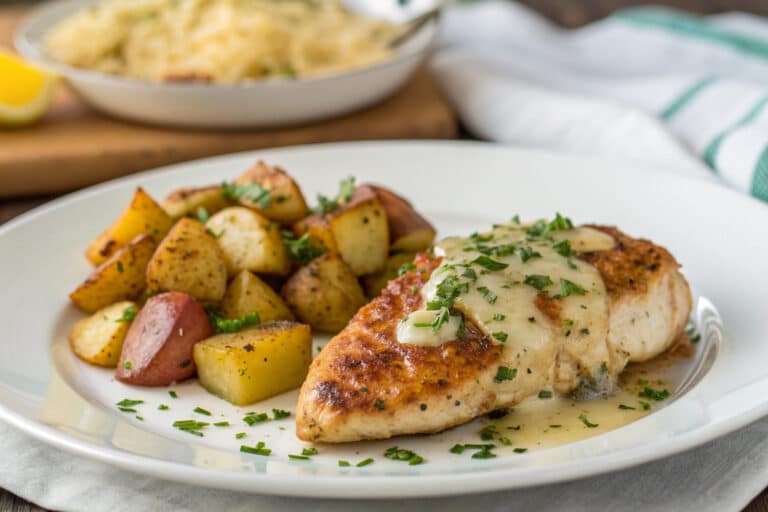 Garlic Parmesan Chicken and Potatoes (One-Pan Dinner) featured dish plated