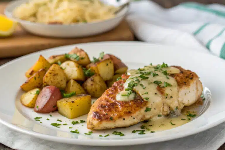 Garlic Parmesan Chicken and Potatoes (One-Pan Dinner) featured dish plated