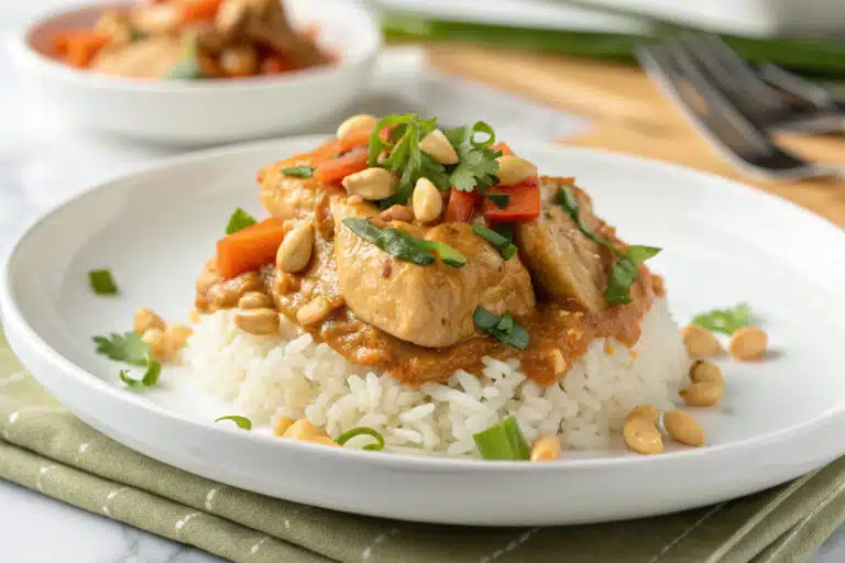 Crockpot Thai Peanut Chicken featured dish plated