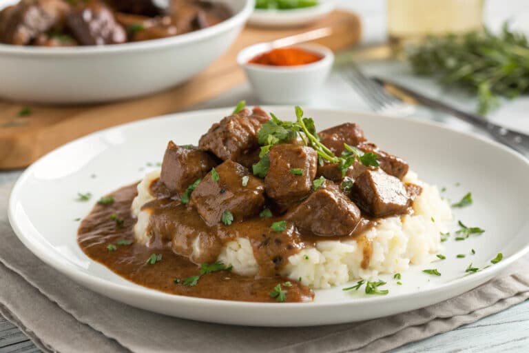crockpot beef tips and gravy featured dish plated