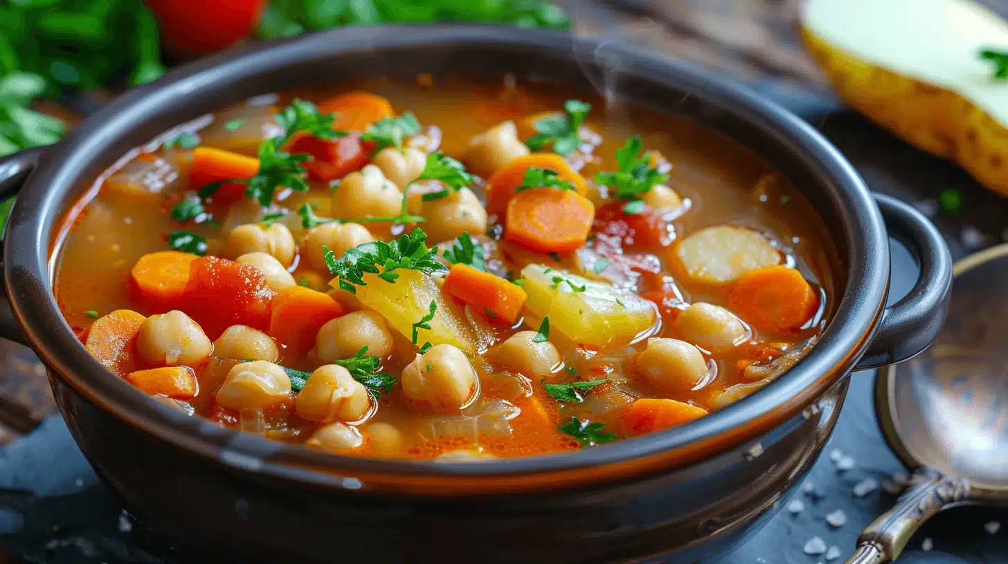 Hearty vegetable chickpea soup with carrots, celery, potatoes, and fresh herbs simmered in a rich homemade broth.