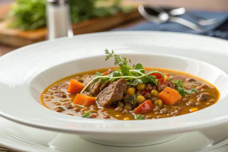 beef lentil vegetable soup featured dish plated