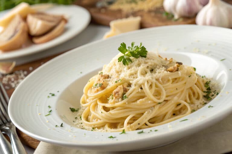 one pan creamy garlic parmesan pasta featured dish plated