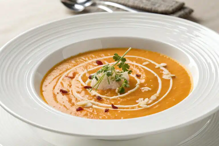 sweet potato coconut soup featured dish plated
