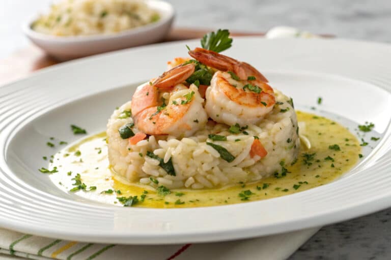 one pan garlic butter shrimp and rice featured dish plated