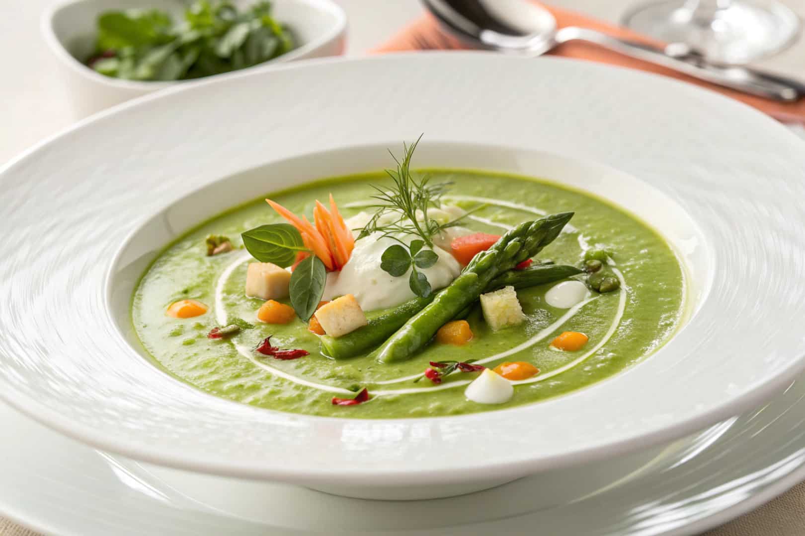 spring vegetable soup featured dish plated