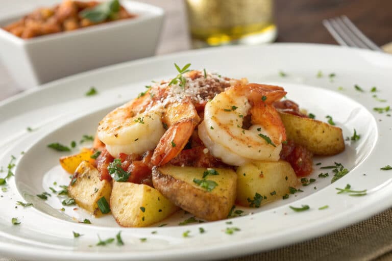 one pan shrimp parmesan potatoes featured dish plated