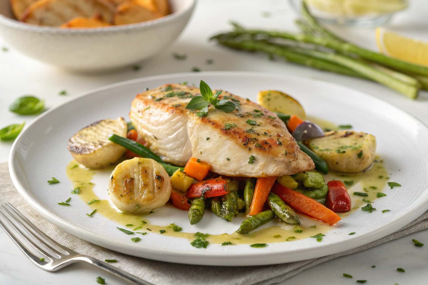 sheet pan garlic butter chicken and vegetables featured dish plated
