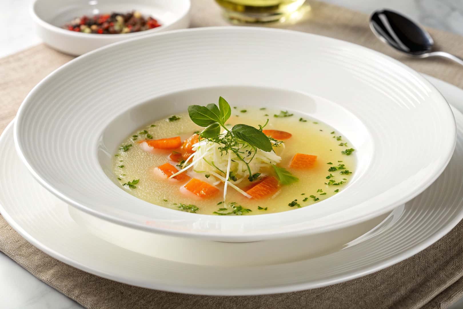 light vegetable broth soup featured dish plated