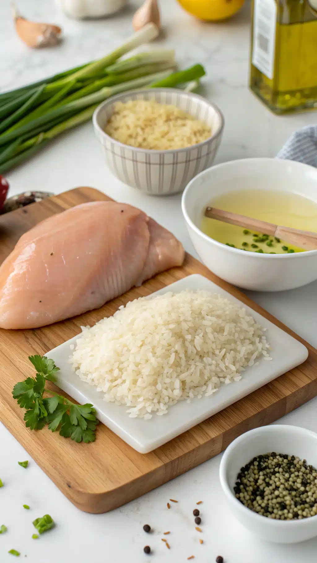 one pan chicken and rice dinner ingredients preparation
