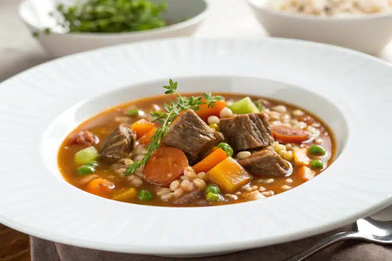 beef vegetable barley soup featured dish plated