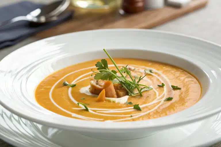 sweet potato coconut soup featured dish plated