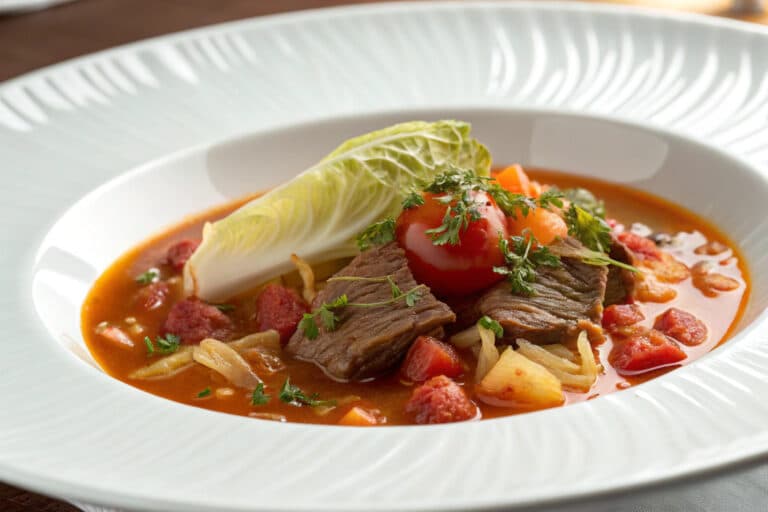 beef cabbage tomato soup featured dish plated