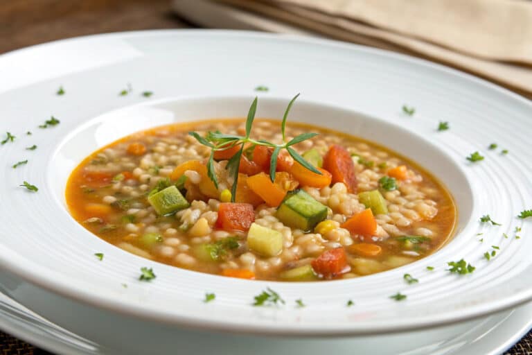 crockpot vegetable barley soup featured dish plated