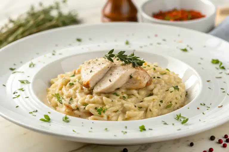 one pan creamy chicken orzo featured dish plated