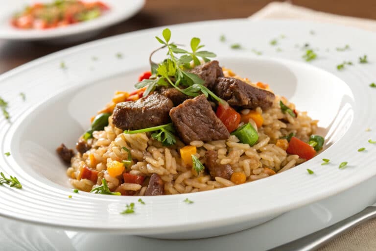 one pan beef and rice skillet featured dish plated