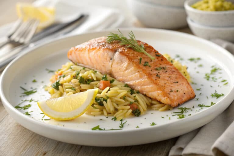 one pan salmon with lemon orzo featured dish plated