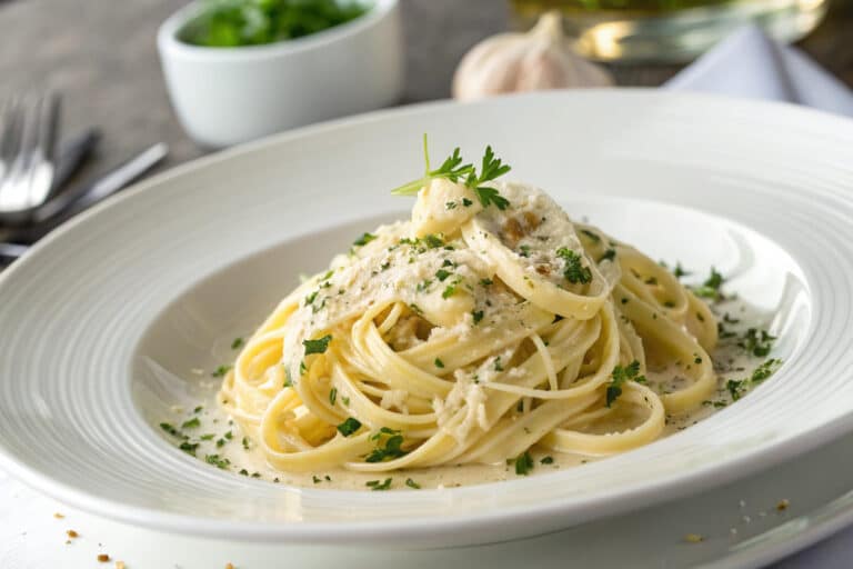 one pan creamy garlic parmesan pasta featured dish plated