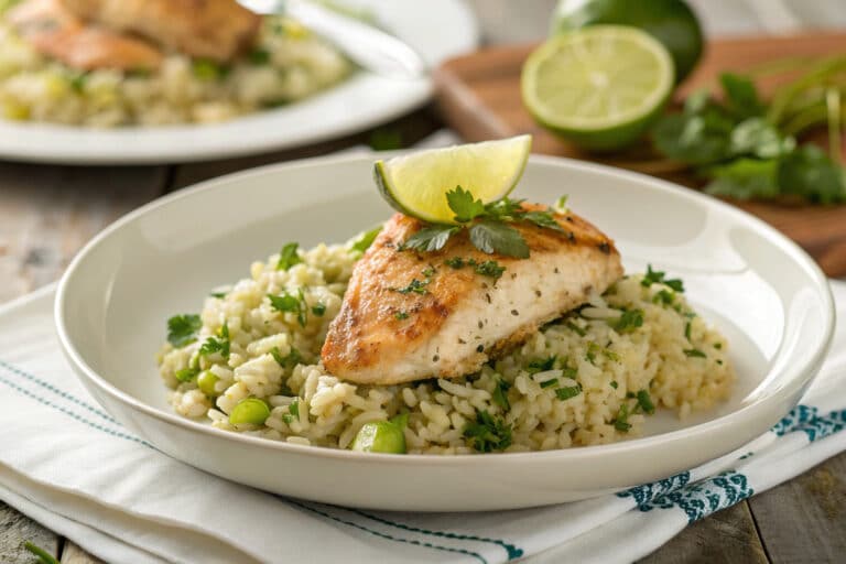 one pan cilantro lime chicken rice featured dish plated