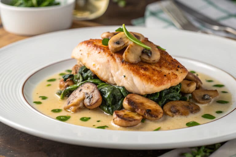 one pan chicken mushroom spinach featured dish plated