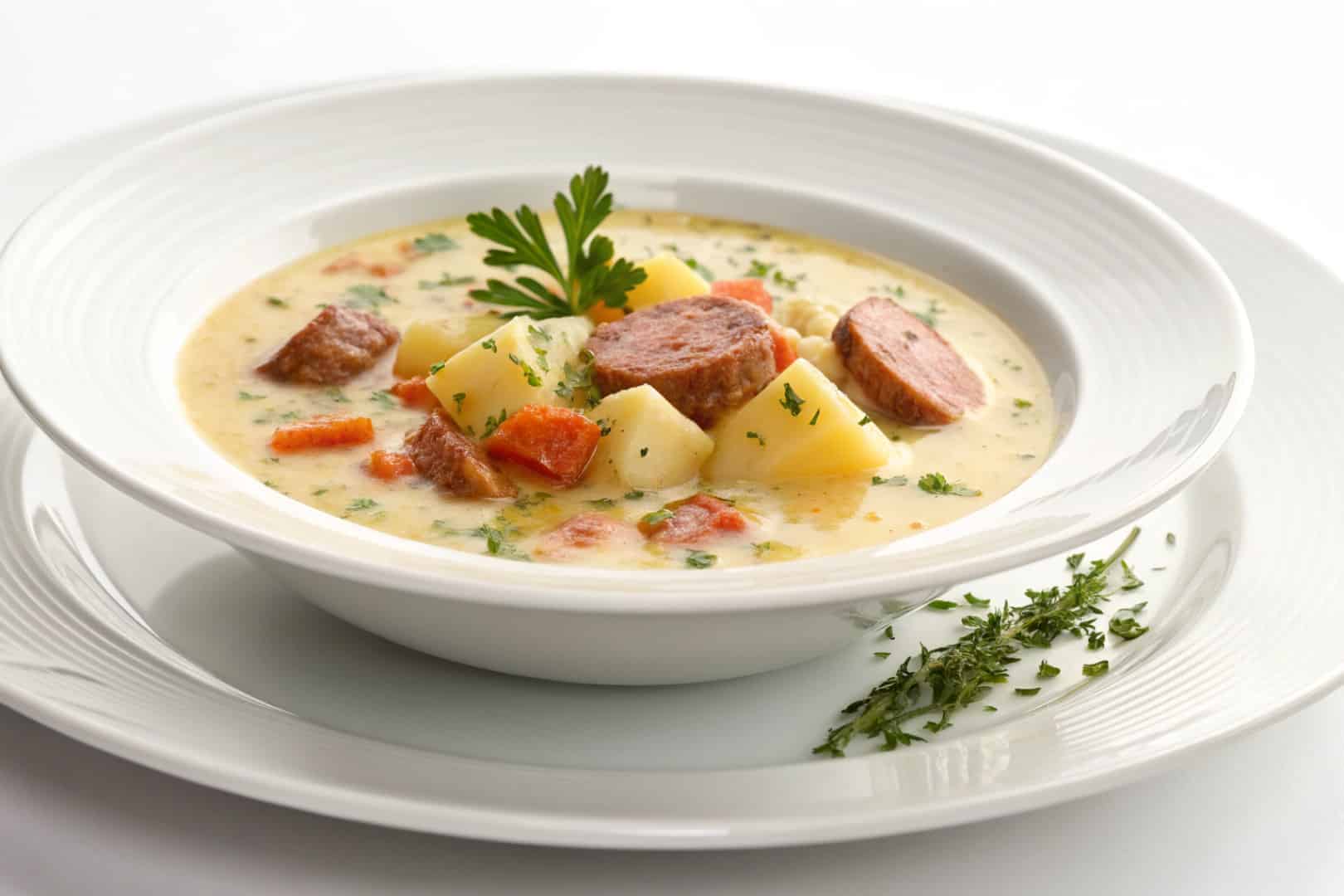 crockpot potato sausage soup featured dish plated