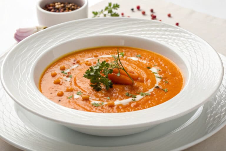 red lentil carrot soup featured dish plated