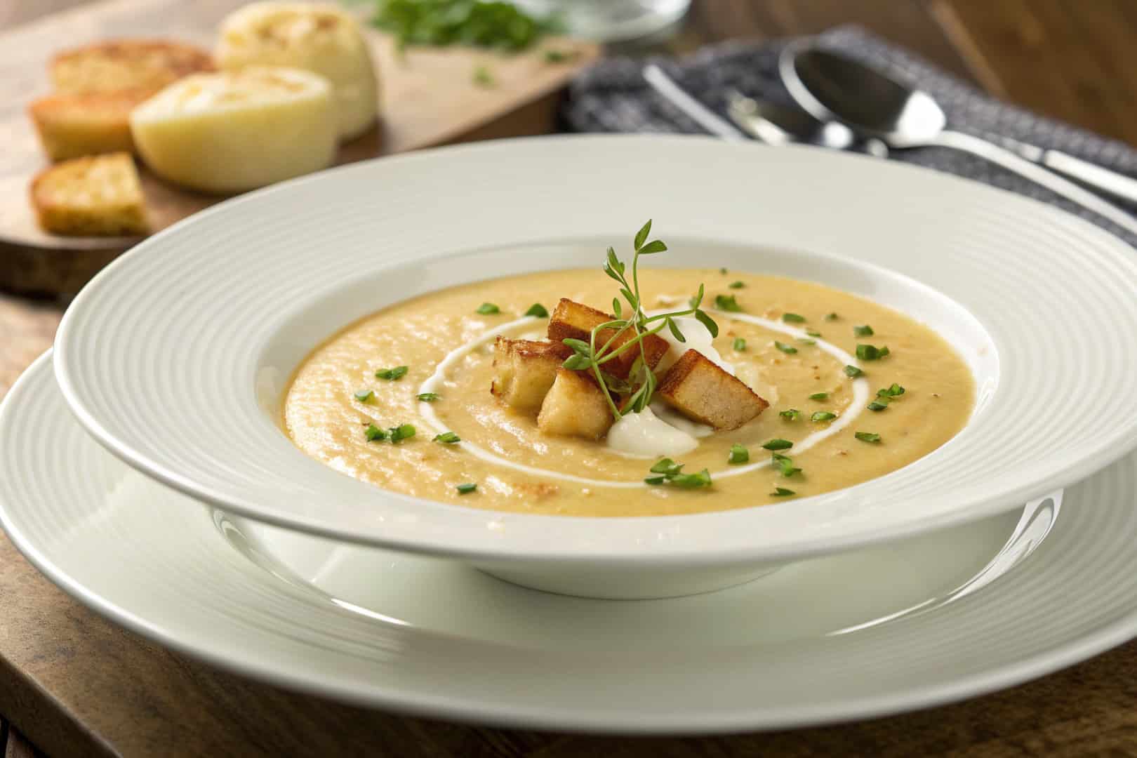 turnip potato soup featured dish plated