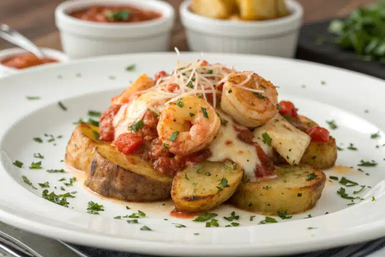 one pan shrimp parmesan potatoes featured dish plated