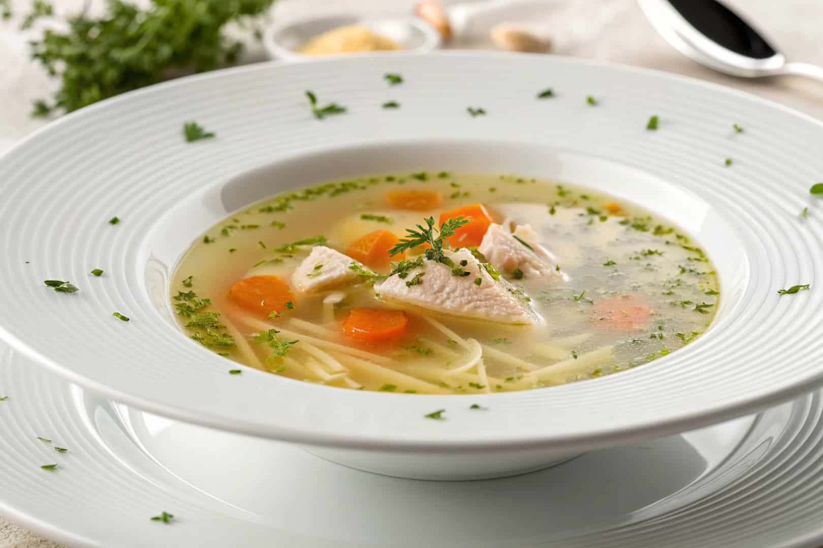 clear chicken broth soup featured dish plated