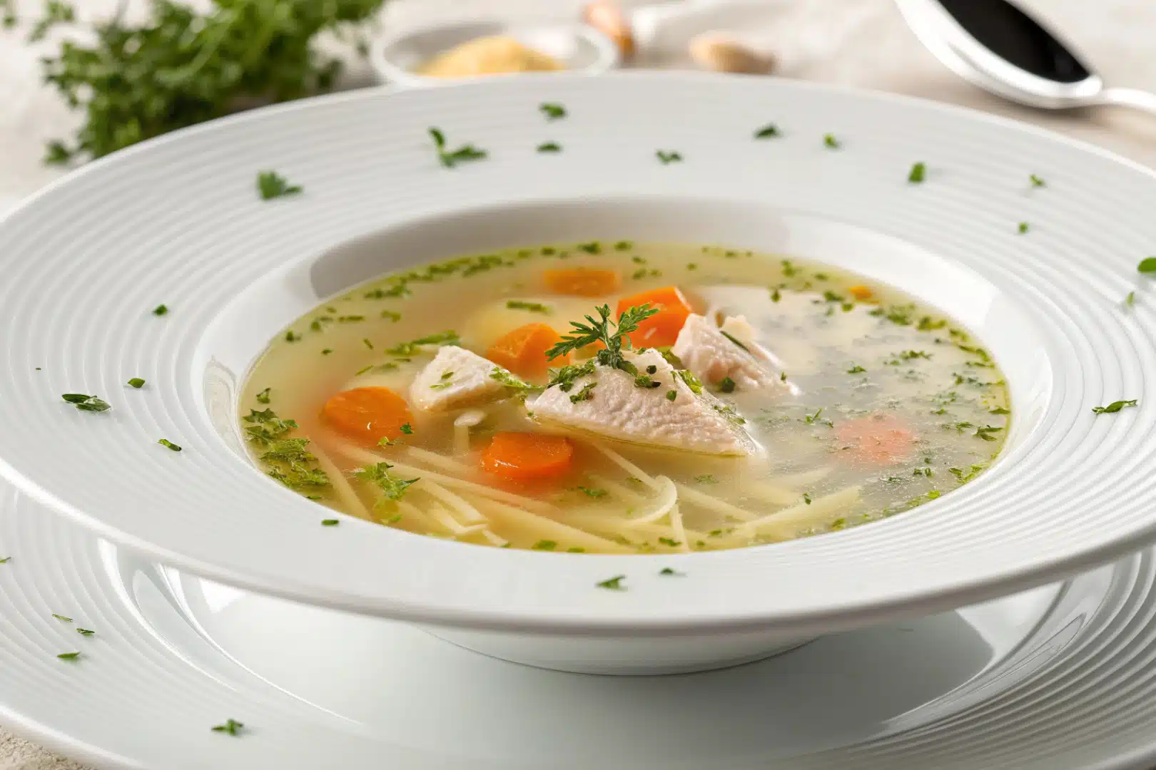 clear chicken broth soup featured dish plated