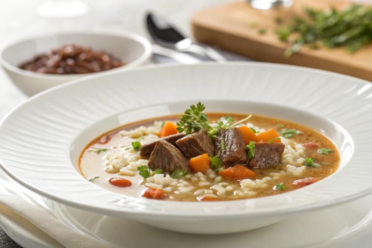 beef rice soup featured dish plated