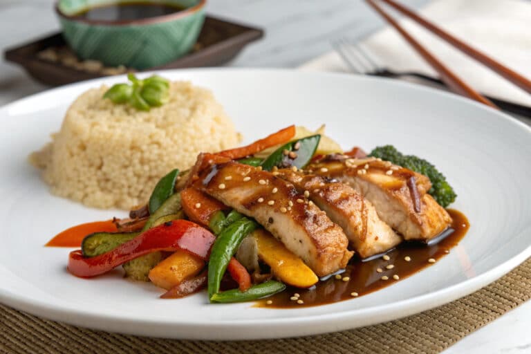 one pan teriyaki chicken and veggies featured dish plated