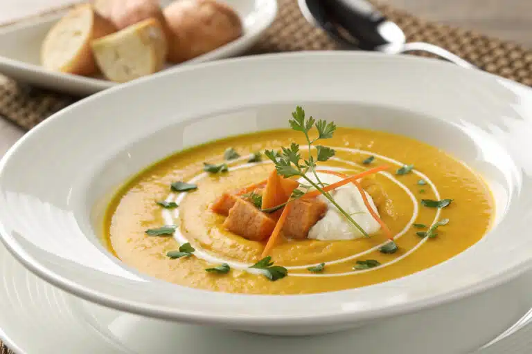 potato carrot soup featured dish plated